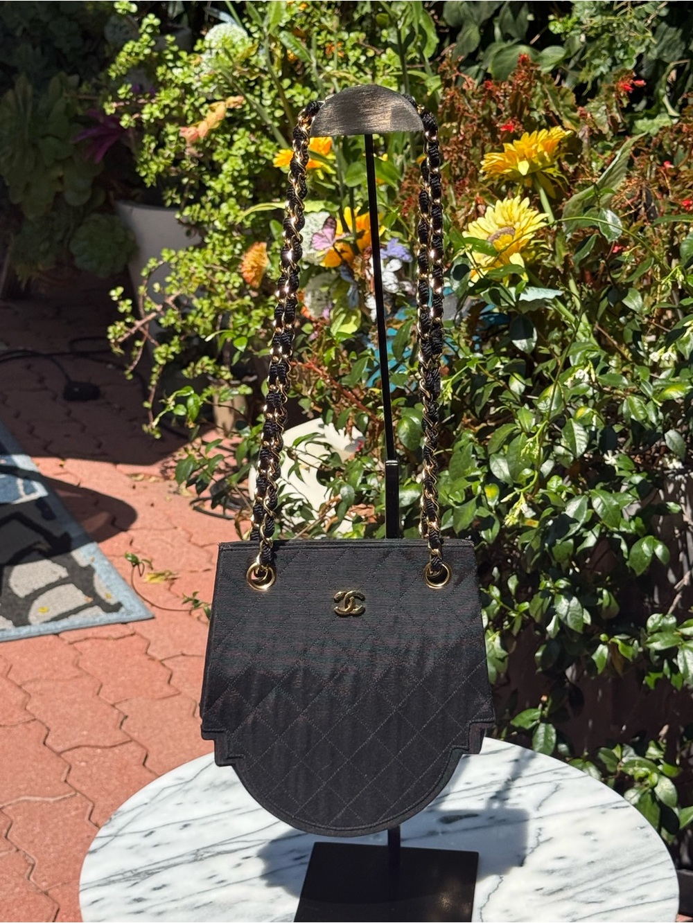 CHANEL Black Quilted Canvas Shoulder Bag with Gold Chain and CC Logo 1986-1988